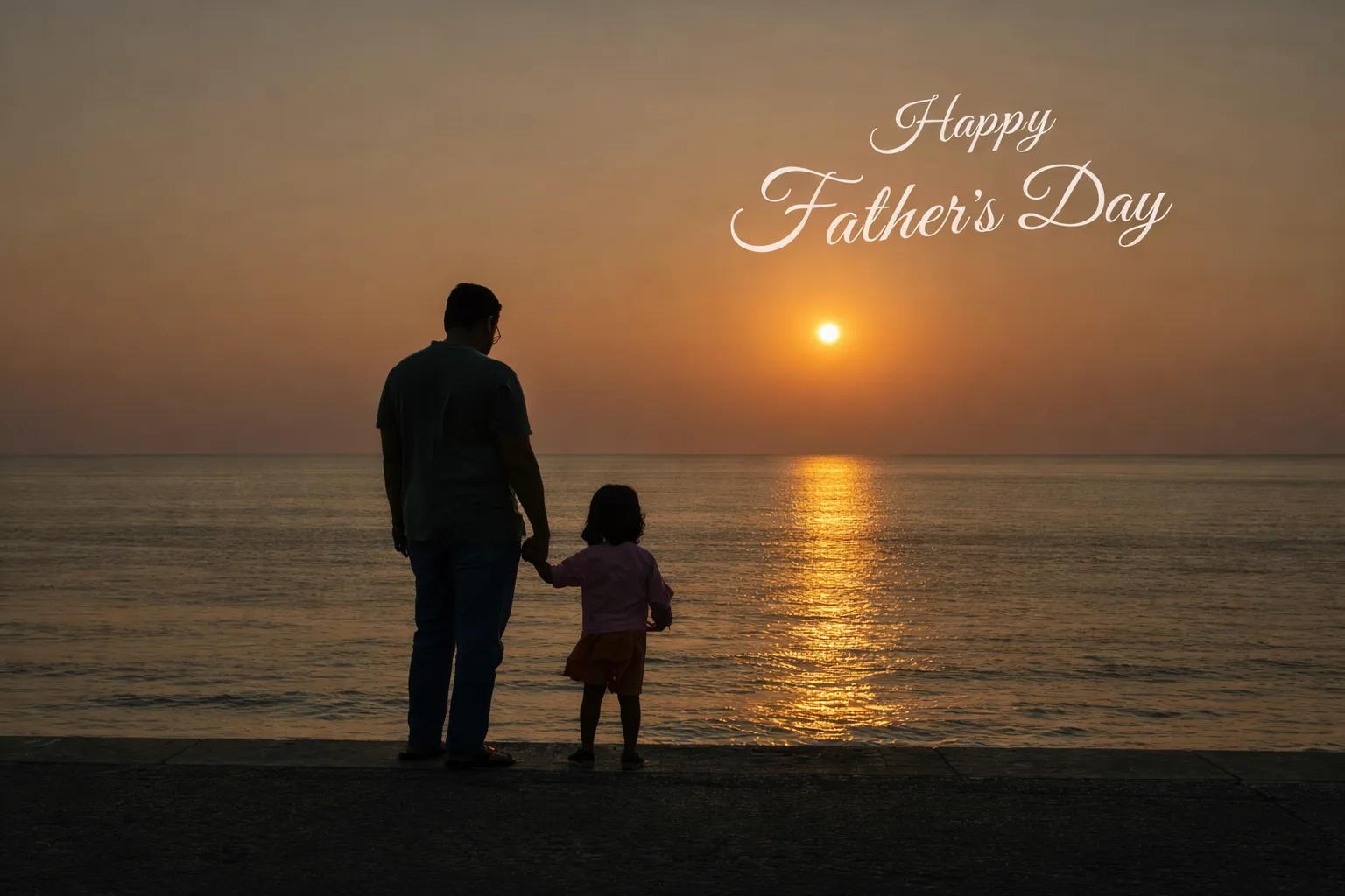 Photo showing a dad holding his child's hand and watching sunset on a beach.